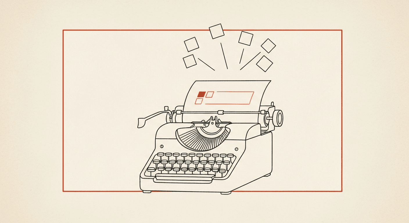 Editorial illustration of a typewriter producing prompt fragments that fan out into slide cards