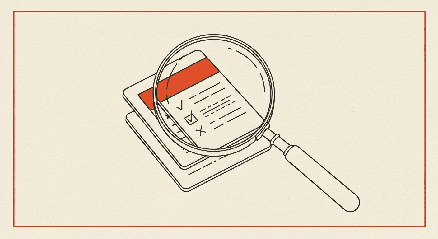 Editorial illustration of a magnifying glass examining a slide with pros and cons annotations