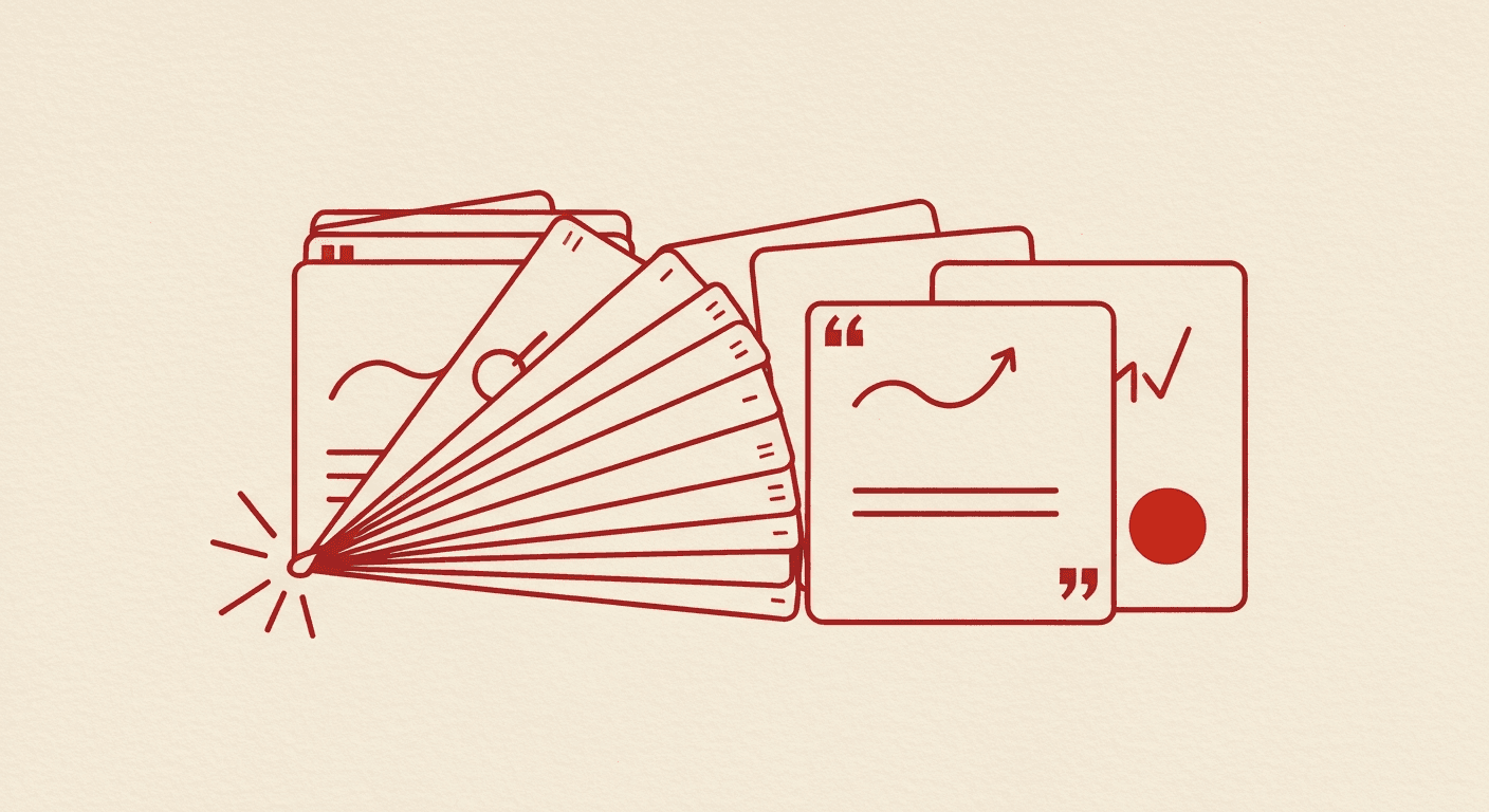 Editorial illustration of a 12-slide pitch deck unfolding from a single founder's idea