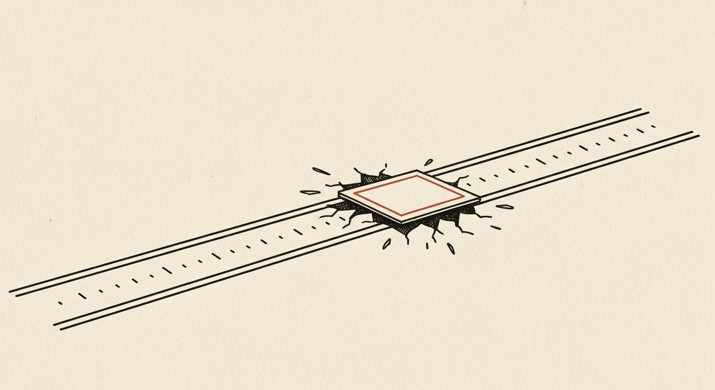 Editorial illustration of a starting line with a slide breaking through it