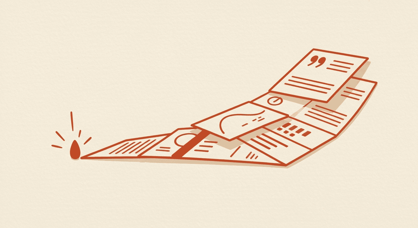 Editorial illustration: a single idea unfolds into a 12-slide pitch deck