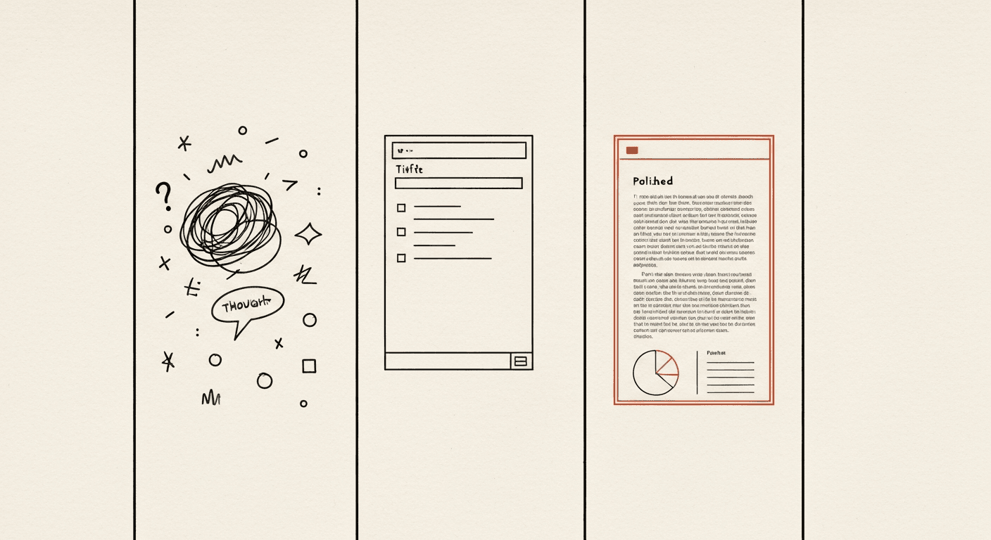 Editorial illustration of a presentation taking shape across three vertical bands: idea, draft, polished