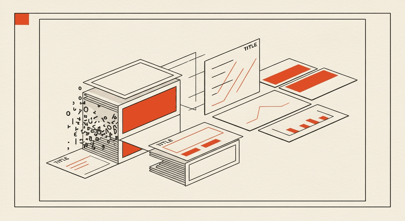 AI slide generator illustration — typography fragments forming slide cards
