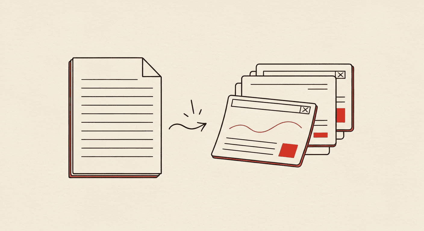 Editorial illustration of a PDF document transforming into a horizontal stack of slide cards