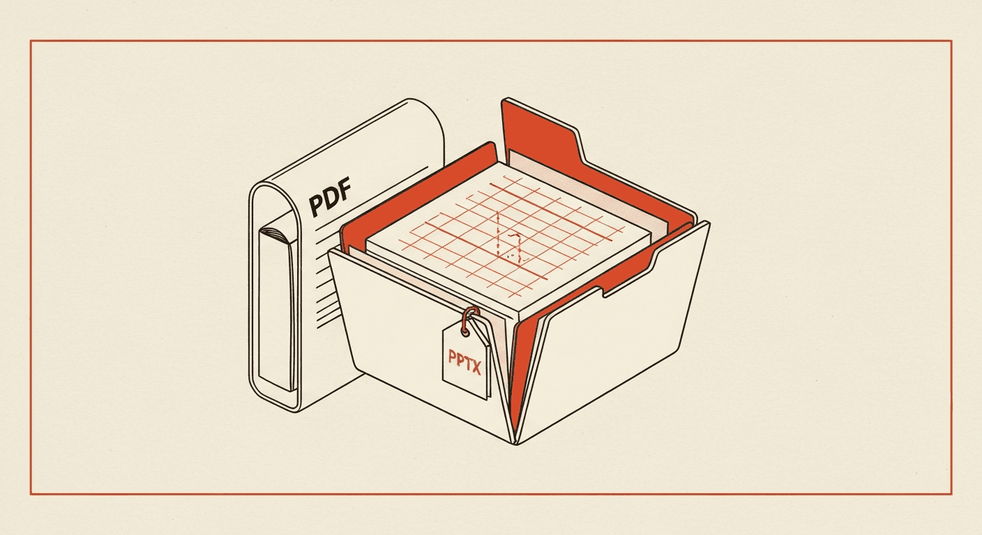 Editorial illustration of a PDF transforming into a labeled PPTX file with structural XML hints