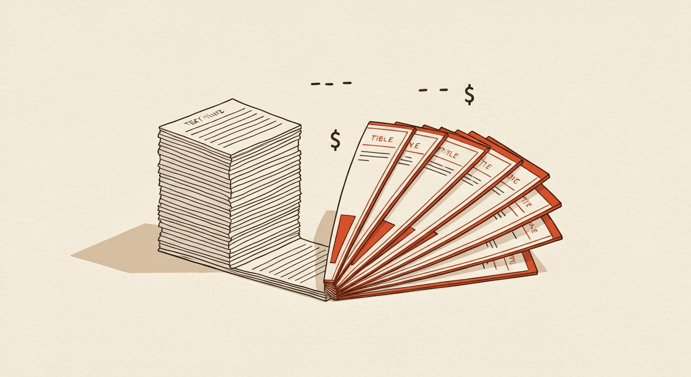 Editorial illustration of a column of text cascading into a fan of slide cards