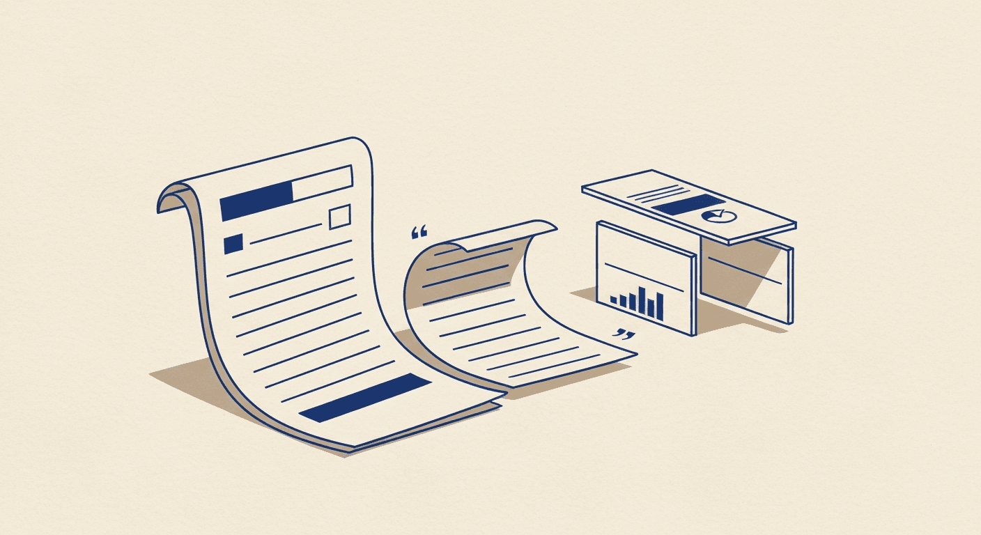 Editorial illustration of a Word document unfolding into PowerPoint slides